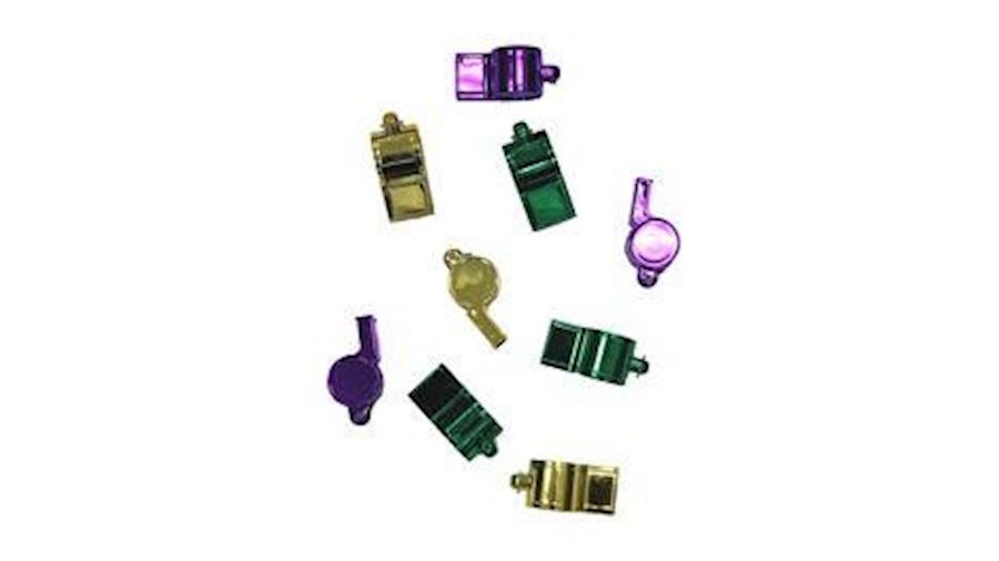 2 1/2in Metallic Purple/ Green/ Gold Whistles w/ M