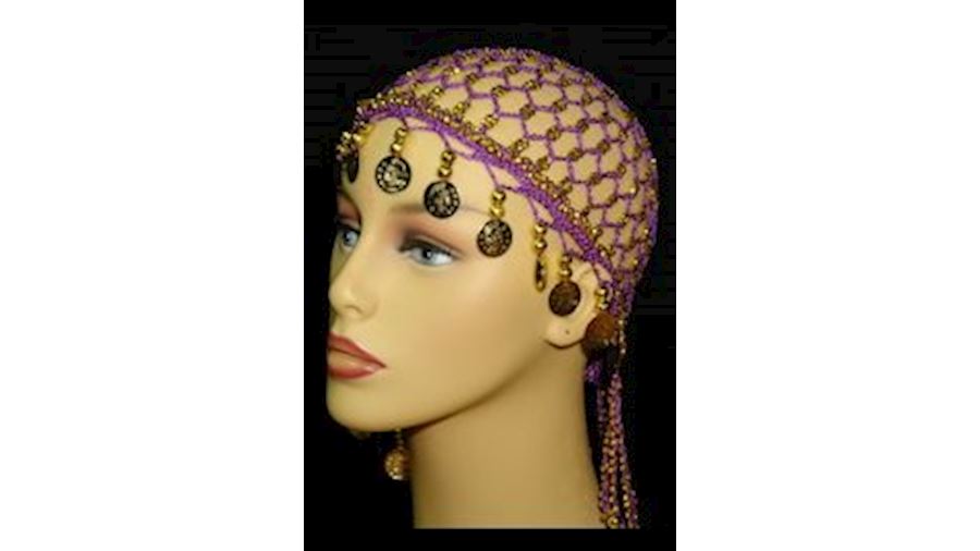 Purple Head Piece w/ Metallic Gold Coins/ Beaded{h