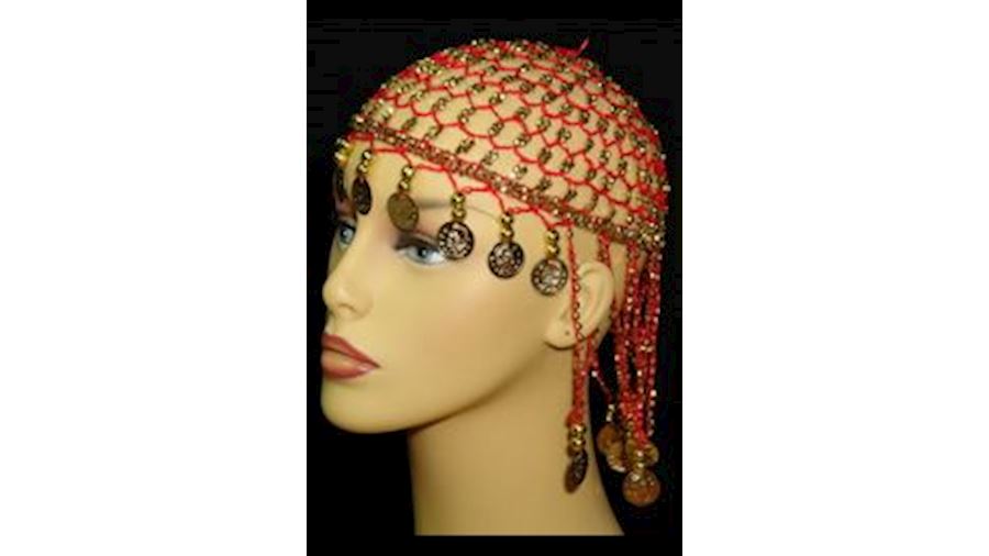 Red Head Piece w/ Metallic Gold Coins/ Beaded{head