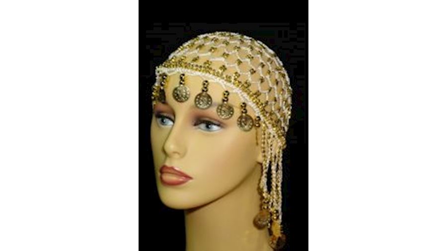 White Head Piece w/ Metallic Gold Coins/ Beaded{he