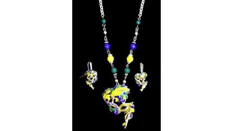 30in Mardi Gras Feather Mask Necklace/ Earrings Se