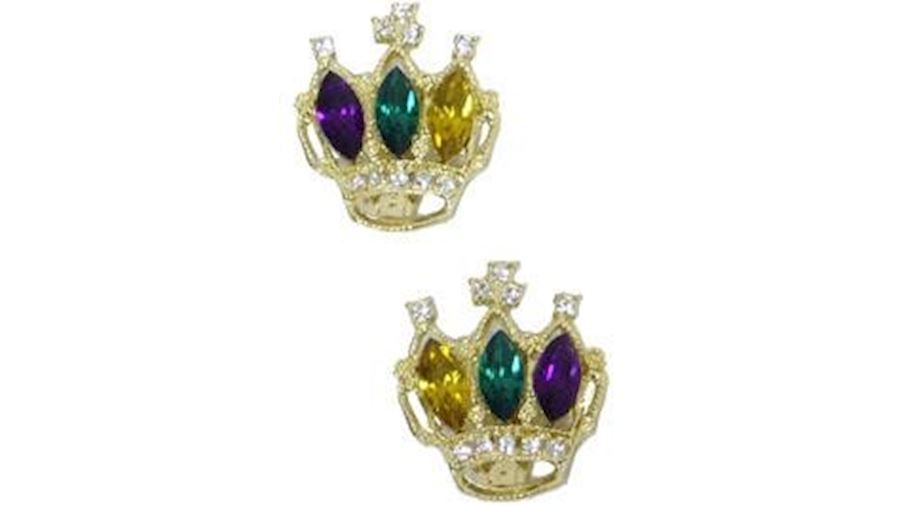 Purple/ Green/ Gold Rhinestone Crown Clip On Earri