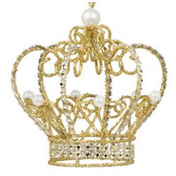 Gold Metallic Wire Pearl Crown Ornament/Decoration with White Pearl Accents