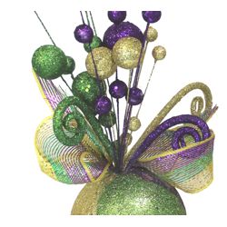 13.5in Mardi Gras Centerpiece with Mesh Ribbon and Glitter Balls Stems