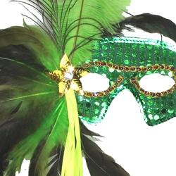 Apple Green Sequin Feather Masquerade Mask on a Stick with Feathers on the Side