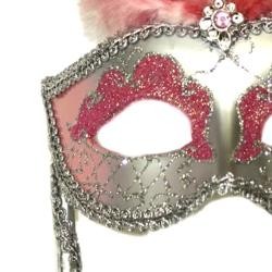 Silver Paper Mache Venetian Masquerade Mask on a Stick with Glitter Accents and with Light Pink Ostrich Feathers