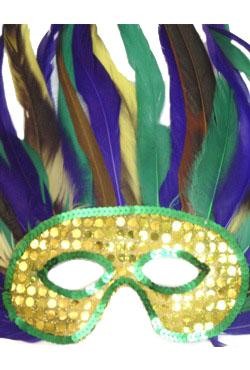 14in x 13in Purple/ Green/ Gold Feather Mask With Gold and Green Sequin
