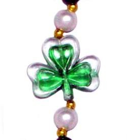 48in 12mm Green/ White Pearl Bead w/ 6 Transparent Shamrock/ Clover