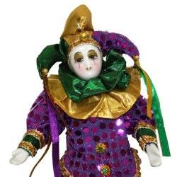 10in Tall x 4in Wide Purple/ Green/ Gold Metallic Jester Doll