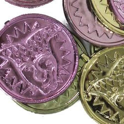 1 1/2in Plastic Mardi Gras Coins/ Doubloons. Purple,Green,Gold