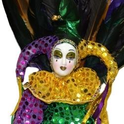 18in Tall x 6in Wide Purple Green Gold Sequin Jester Doll/Porcelain Face w/ Feathers