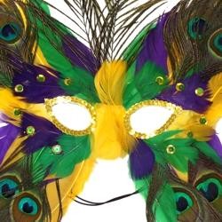 Purple Green and Gold Butterfly Shaped Masquerade Mask with Peacock Feathers