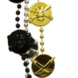 40in Black Clear Coat/ Metallic Gold/ Silver  Skulls/ Swords/ Pirate Medallion Beads