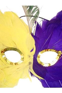 Yellow and Purple Butterfly Masquerade Mask With Peacock Feather and With Gold Sequin Trim Around The Eyes