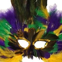 Purple Green and Yellow Feather Masquerade Mask with Gold Tinsel