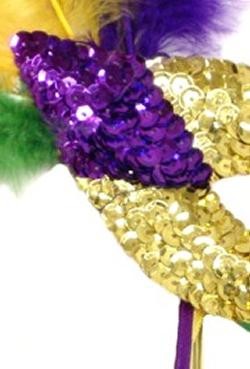 Sequin Mardi Gras Masquerade Mask with Feathers on a Stick