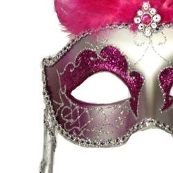 Paper Mache Silver Venetian Masquerade Mask On A Stick with Glitter Accents with Hot Pink Ostrich Feathers