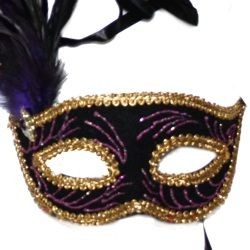 Assorted Black Venetian Masquerade Mask with Red and Black or Purple and Black Feathers