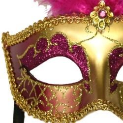 Hot Pink and Gold Venetian Masquerade Mask with Hot Pink Large Ostrich Feathers
