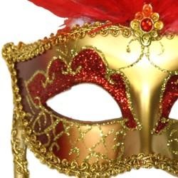 Gold Venetian Masquerade Mask On A Stick With Red Large Ostrich Feathers