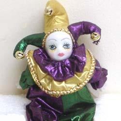  8in Tall x 6 3/4in Wide Assorted Metallic Purple Green Gold Baby Jester Doll