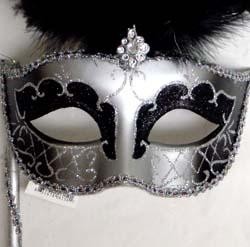 Silver and Black Venetian Masquerade Mask on a Stick with Black Large Ostrich Feathers