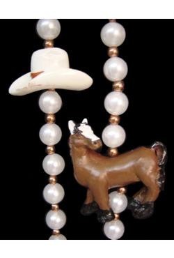 42in Cowboy Necklace w/White Pearl and Gold Spacer Beads w/Horse/ Saddle/ Boot/ Hat Figures