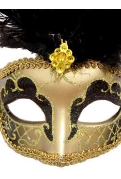 Venetian Masks: Gold and Black Mask with Large Black Ostrich Feathers