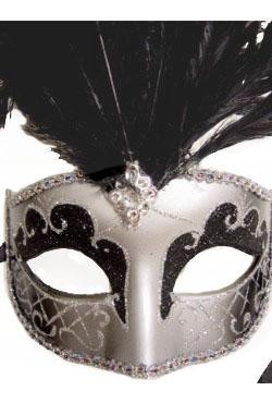 Venetian Masks: Silver and Black Mask with Large Black Ostrich Feathers