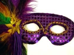 Purple Green and Gold Sequin Feather Masquerade Mask on a Stick with Feathers on the Side