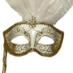 White/ Gold Paper Mache Venetian Feather Masquerade Mask On A Stick