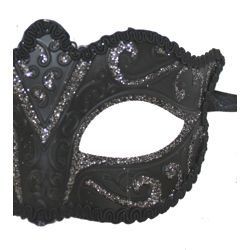 6in Wide x 3in Tall Paper Mache Black Cat Eye Masquerade Mask With Black Or Silver Glittery Scrollwork