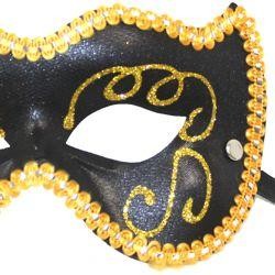 Eye Masks: Black Venetian Masquerade Mask with Gold Glitter Scrollwork