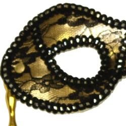 Gold Lamei Masquerade Mask On A Golden Stick With Black And Silver Lace Detail 