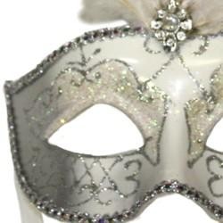 White and Silver Venetian Masquerade Mask with White Large Ostrich Feathers