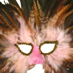 Light Pink Feather Masquerade Mask with Dark Coque and Peacock Feather