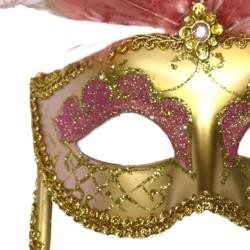 Gold Paper Mache Venetian Masquerade Mask on a Stick with Glitter Accents and with Light Pink Large Ostrich Feathers