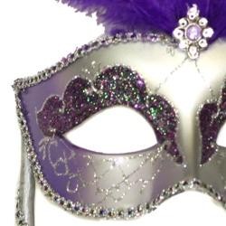 Silver Paper Mache Venetian Masquerade Mask on a Stick with Glitter Accents and with Purple Large Ostrich Feathers