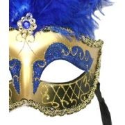Blue and Gold Paper Mache Venetian Masquerade Mask with Glitter Accents and with Blue Large Ostrich Feathers