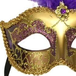 Purple and Gold Paper Mache Venetian Masquerade Mask with Glitter Accents and with Purple Large Ostrich Feathers