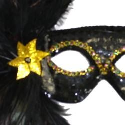 Black Sequin Feather Masquerade Mask on a Stick with Feathers on the Side