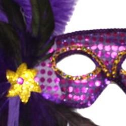 Purple Sequin Feather Masquerade Mask on a Stick with Feathers on the Side