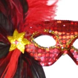 Red Sequin Feather Masquerade Mask on a Stick with Feathers on the Side