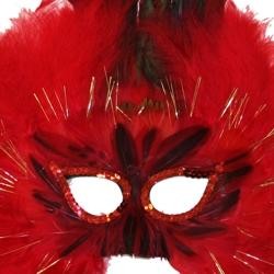 Red Feather Masquerade Mask with Tinsel with Dyed Pheasant Feathers with Sequin Trim Around The Eyes