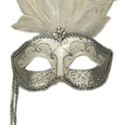 Silver Paper Mache Venetian Feather Masquerade Mask On A Stick