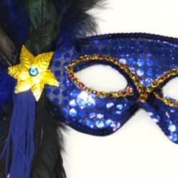 Blue Sequin Feather Masquerade Mask with Feathers on the Side and with a Flower
