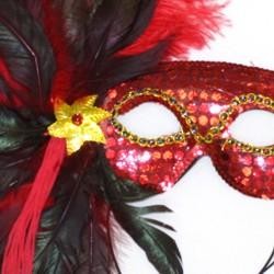 Red Sequin Feather Masquerade Mask with Feathers on the Side and with a Flower