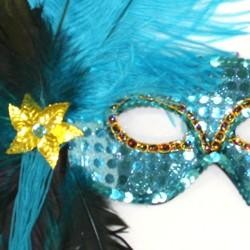 Turquoise Sequin Feather Masquerade Mask with Feathers on the Side and with a Flower