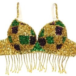 Gold Sequin Bra W/Purple/Green/Gold Patches W/4in Beaded Fringe 