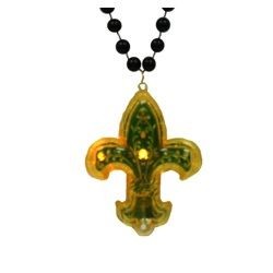 42in 12mm 4 Section Metallic Black and Gold Beads w/ Light-Up Fleur-De-Lis Medallion